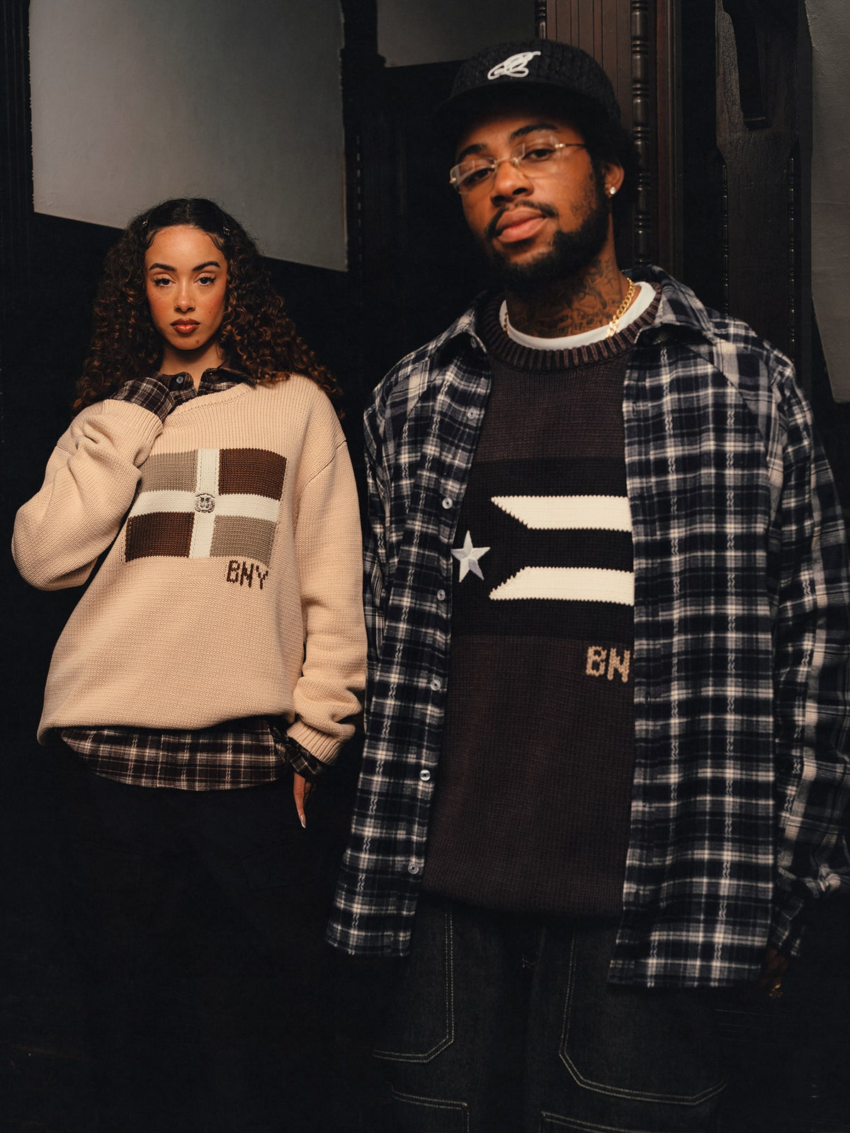 Squills (the rapper 454) and Brittney Shurley wearing Brigade FW26 in a Harlem Brownstone.