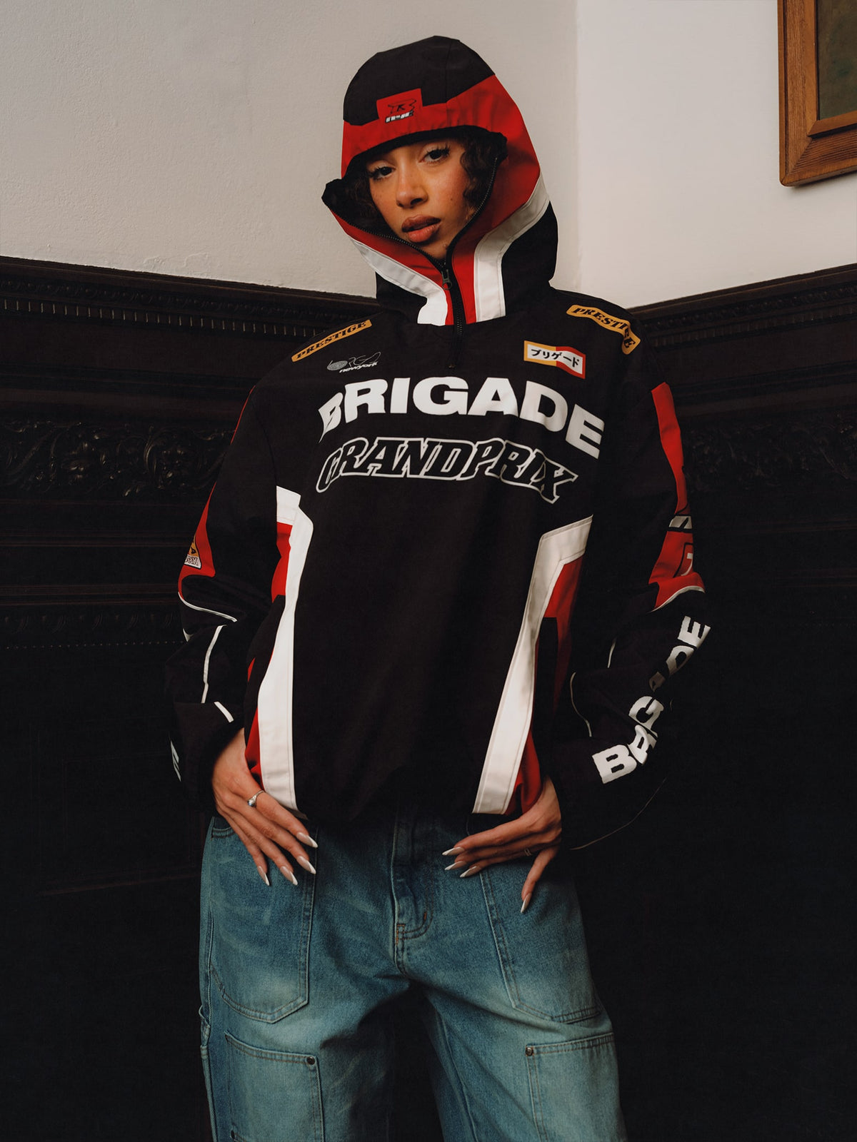 Squills (the rapper 454) and Brittney Shurley wearing Brigade FW26 in a Harlem Brownstone.